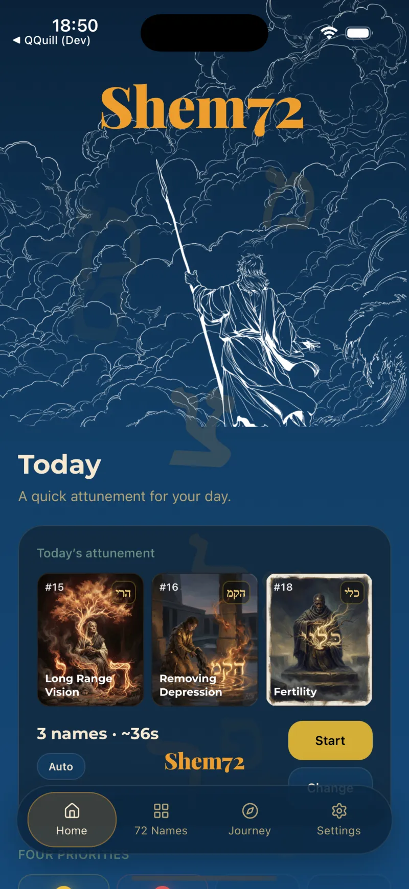 Shem72 home screen — today's attunement with three Names